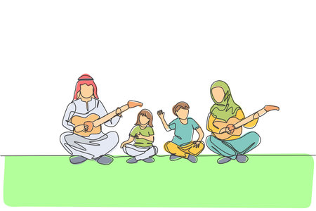 Single continuous line drawing of young Arabian couple playing gutiae and singing together with kids. Islamic muslim happy family parenthood concept. Trendy one line draw design vector illustrationのイラスト素材