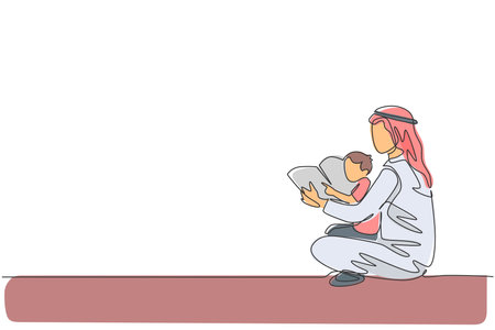One continuous line drawing of young Islamic father and son read story book together on the floor. Happy Arabian loving parenting family concept. Dynamic single line draw design vector illustrationのイラスト素材