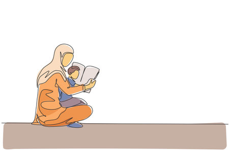 One single line drawing of young Arabian mother and son read fairy tale story book together on the floor vector illustration. Happy Islamic muslim family parenting concept. Continuous line draw designのイラスト素材