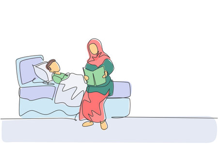 Single continuous line drawing of young Islamic mother read story book to her son before sleeping. Arabian muslim happy family motherhood concept. Trendy one line draw design vector illustrationのイラスト素材