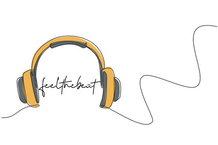 One single line drawing of stylish headphone with wire for recording company logo identity. Musical entertainment icon logotype concept. Dynamic continuous line draw design vector graphic illustrationのイラスト素材