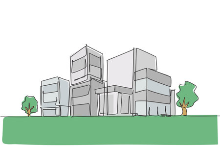 Continuous one line drawing of luxury apartment house in urban area. Home architecture property construction hand drawn minimalist concept. Modern single line draw design vector graphic illustrationのイラスト素材