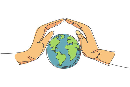 Single one line drawing of hand protect earth. Nature icon silhouette for environment concept. Infographics, community presentation isolated on white background. Design vector graphic illustrationのイラスト素材