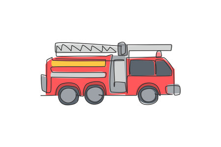 Continuous one line drawing of emergency road vehicle fire engine. Fire truck rescue as fire fighter...