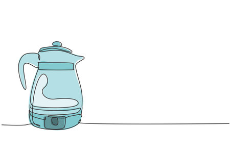 One single line drawing of stainless steel kettle teapot home appliance. Electricity household kitchenware tools concept. Dynamic continuous line draw design graphic vector illustrationのイラスト素材