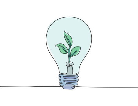 One continuous line drawing of clean lightbulb with green leaf organic plant inside icon logo emblem. Ecology safe symbol logotype template concept. Modern single line draw design graphic illustrationのイラスト素材