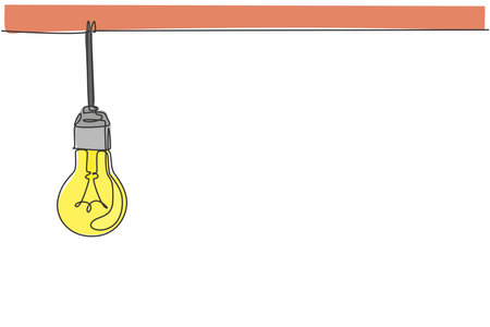 Single continuous line drawing of light bulb hang on house ceiling rooftop. Power up creativity logotype symbol template concept. Dynamic one line draw graphic vector illustration for interior designのイラスト素材