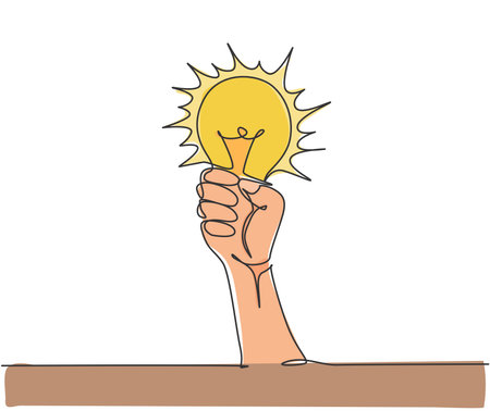 One single line drawing of human hand hold light bulb logo identity. Power up energy logotype icon template concept. Dynamic continuous line draw design graphic vector illustrationのイラスト素材