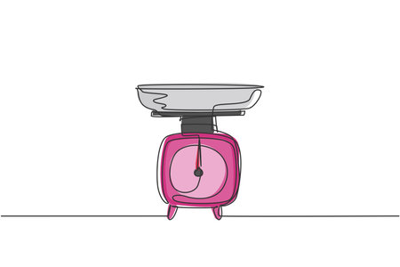 Single continuous line drawing of classic kitchen scale for scaling ingredients. Kitchenware home appliance concept. Modern one line draw design graphic vector illustrationのイラスト素材