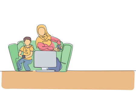 One continuous line drawing of young Islamic mother play console game with her son together at home. Happy Arabian muslim parenting family concept. Dynamic single line draw design vector illustrationのイラスト素材
