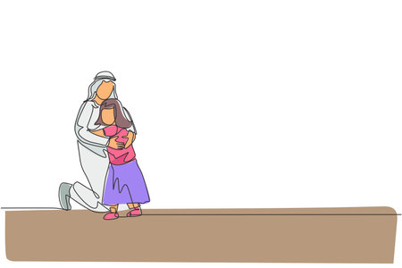 One single line drawing of young happy Arabian father hugging her daughter girl full of love and warmth vector illustration. Muslim happy family parenting concept. Modern continuous line draw designのイラスト素材