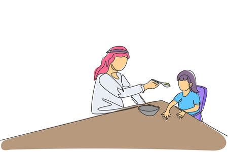 One single line drawing of young Islamic dad feeding nutritious food to daughter at lunch time vector illustration. Happy Arabian muslim family parenting concept. Modern continuous line draw designのイラスト素材