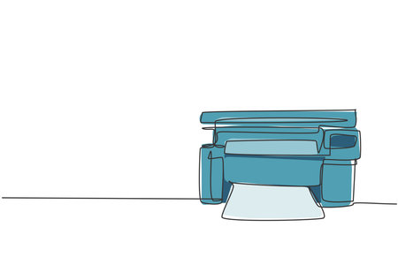 One single line drawing of digital laser printer for business company. Electricity small home office...