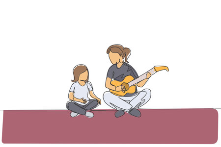 One single line drawing of young mom playing guitar and happy singing together with her son at home vector graphic illustration. Happy family bonding concept. Modern continuous line draw designのイラスト素材