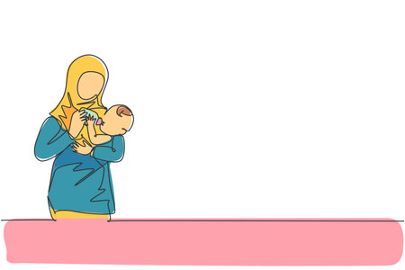 Single continuous line drawing of young Islamic mother hugging and feeding healthy food to her infant baby. Arabian muslim happy family motherhood concept. One line draw design vector illustrationのイラスト素材