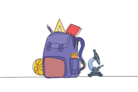 Continuous one line drawing school bag set, microscope, book, basket ball, crayon, pen. Back to school hand drawn minimalism concept. Single line draw design for education vector graphic illustrationのイラスト素材