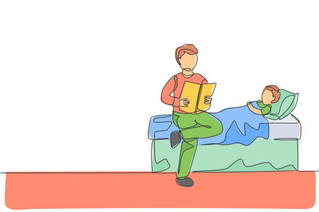 One single line drawing of young father sitting on bedroom and reading story book to his son before sleeping vector illustration. Happy family parenting concept. Modern continuous line draw designのイラスト素材
