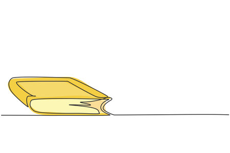 Single one line drawing of closed dictionary book on library desk. Back to school minimalist, education concept. Continuous simple line draw style design graphic vector illustrationのイラスト素材