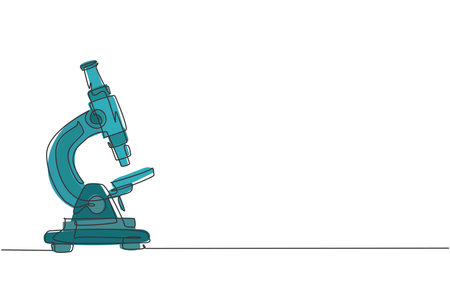 Continuous one line drawing laboratory microscope to help doctor discover vaccine. Back to school hand drawn minimalism concept. Single line draw design for education vector graphic illustrationのイラスト素材