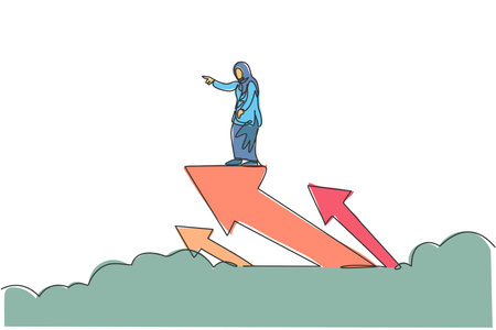 Single continuous line drawing of young beauty Arabian flying with arrow up symbol through sky. Professional businesswoman. Minimalism concept dynamic one line draw graphic design vector illustrationのイラスト素材