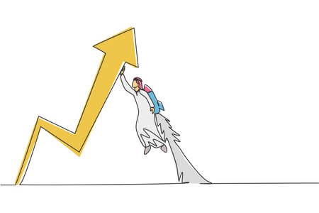 Continuous one line drawing young handsome Arabic male worker flying to rise up arrow symbol. Success business strategy minimalist concept. Trendy single line draw design vector graphic illustrationのイラスト素材
