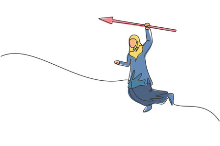 Continuous one line drawing young Arabic female worker jumping high while holding arrow spear. Success business manager minimalist concept. Trendy single line draw design vector graphic illustrationのイラスト素材