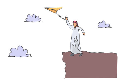 Single continuous line drawing young Arab business man waving hand to flying paper plane from top of mountain. Minimalism metaphor concept. Dynamic one line draw graphic design vector illustrationのイラスト素材
