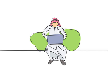 Continuous one line drawing young Arab male worker sitting on sofa while typing business proposal on laptop. Manager preparing work concept. Single line draw design vector graphic illustration.のイラスト素材