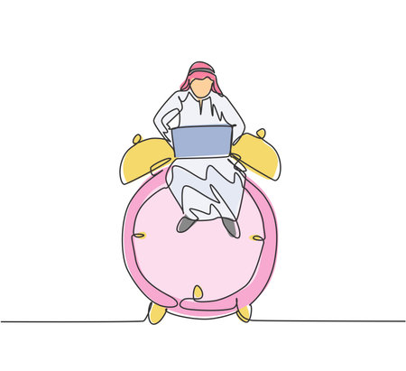 Single continuous line drawing young Arab business man sitting on big analog alarm clock and typing on laptop. Business discipline metaphor concept. One line draw graphic design vector illustration.のイラスト素材