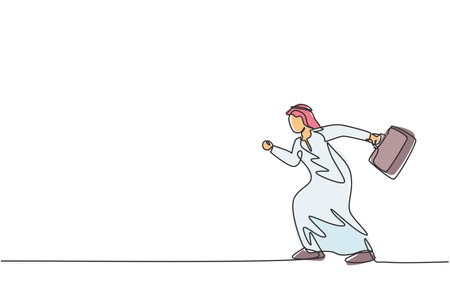 Single one line drawing of young Arab business man pose ready to run gesture. Business competition race minimal metaphor concept. Modern continuous line draw design graphic vector illustrationのイラスト素材
