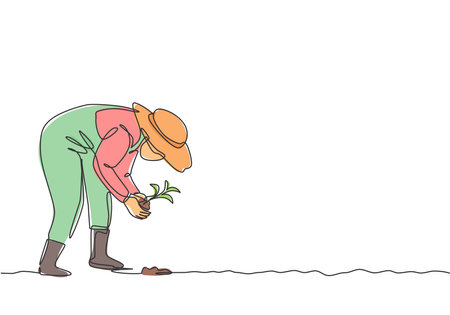 Continuous one line drawing young female farmer planting plant shoots in the ground. Start the planting period. Success farming minimalist concept. Single line draw design vector graphic illustration.のイラスト素材