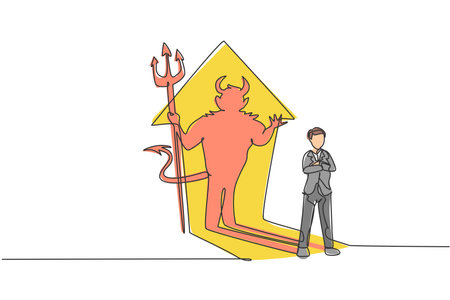 Continuous one line drawing of young evil businessman standing with devil shadow at behind. Bad business manager minimalist concept. Trendy single line draw design vector graphic illustrationのイラスト素材