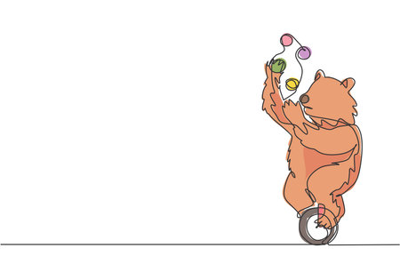 Continuous one line drawing a trained brown bear juggling on a one-wheeled bicycle. The audience was amazed by the bear's performance concept. Single line draw design vector graphic illustration.のイラスト素材