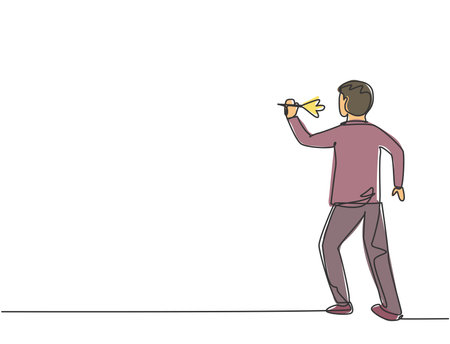 Continuous one line drawing young male worker focus to hit target with a dart precise. Business goal management minimalist concept. Single line draw design vector graphic illustrationのイラスト素材