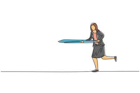 Single one line drawing of young smart business woman running to hit business target. Business sales growth metaphor minimal concept. Modern continuous line draw design graphic vector illustrationのイラスト素材