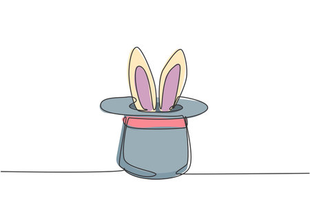 Single one line drawing the magic hat was turned upside down, then there were rabbit ears sticking out of it. A magic show at a circus performance. One line draw design graphic vector illustration.のイラスト素材