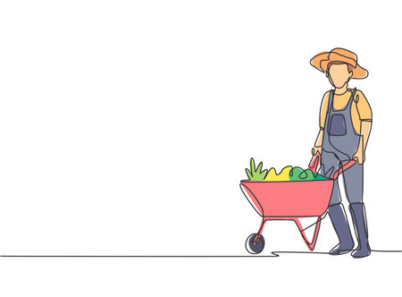 Single one line drawing of young male farmer standing beside the wheelbarrow trolley filled with fruits. Farming challenge minimalist concept. Continuous line draw design graphic vector illustrationのイラスト素材