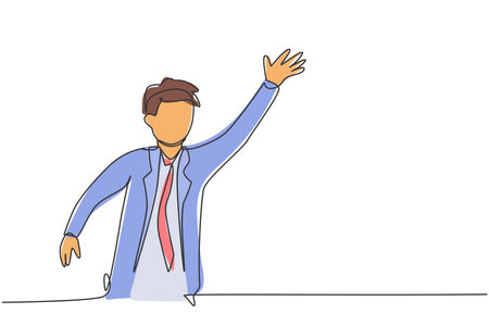 Single one line drawing of young smart business man give hello greeting to his business partner. Business teamwork concept. Modern continuous line draw. Minimal design graphic vector illustrationのイラスト素材