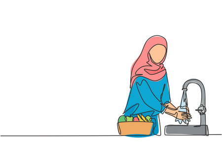 Single one line drawing of a woman in a hijab was washing the fruit in the sink from the germs that stick to it clean. Fruit put in a pretty basket. One line draw design graphic vector illustration.のイラスト素材