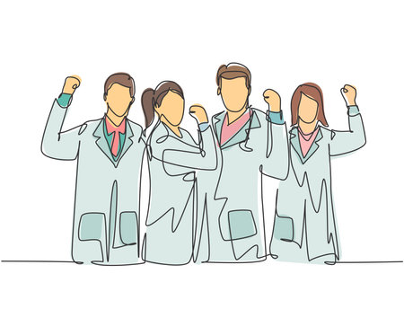 Single continuous line drawing of group of male doctor and female doctor celebrate their success cure patient at hospital. Medical healthcare service concept one line draw design vector illustrationのイラスト素材