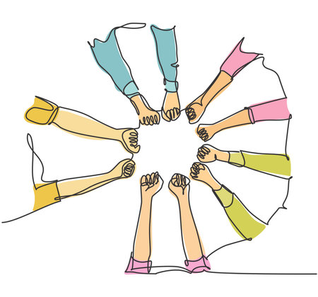 One line drawing of young happy people fist and join their hands together and create circle shape. Business team building concept continuous line draw design vector graphic illustrationのイラスト素材