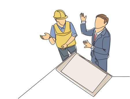Single continuous line drawing of young architect and foreman discussing about blueprint building design. Construction planning talk concept. Modern one line draw design graphic vector illustrationのイラスト素材