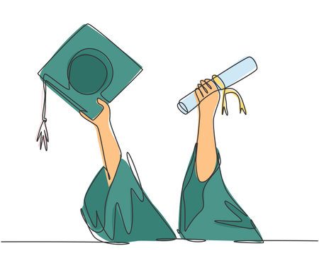 One single line drawing of young happy graduate college students lift up a graduation letter paper roll and cap. Graduate from school concept continuous line draw graphic design vector illustrationのイラスト素材