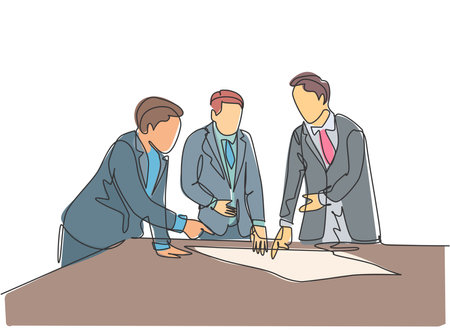 Single continuous line drawing of young workers talking seriously about company policy around the table. Office employee life discussion concept. One line draw design graphic vector illustrationのイラスト素材