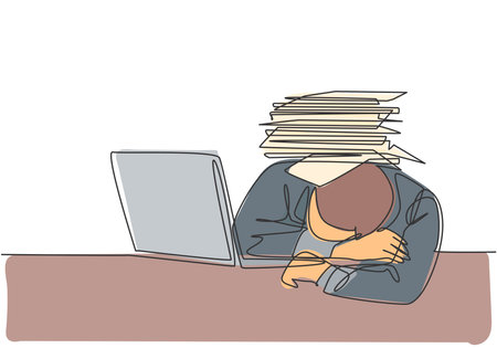 Single continuous line drawing of young despair employee got crushed by pile of papers on his desk. Work overload pressure at the office concept. One line draw graphic design vector illustrationのイラスト素材