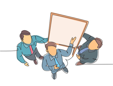 One continuous line drawing of young happy business men meeting using flip chart from top view. Business executive presentation teamwork concept. Single line draw design graphic vector illustrationのイラスト素材