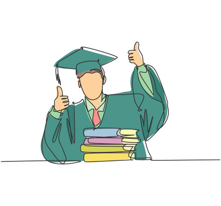 One line drawing of young happy graduate male college student wearing graduation uniform and giving thumbs up gesture in front of books stack. Education concept continuous line draw design vectorのイラスト素材