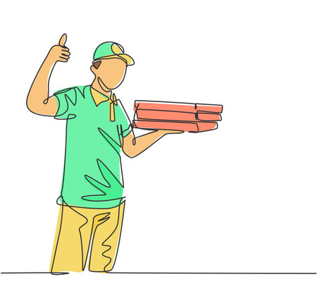 One line drawing of young happy pizza delivery man gives thumbs up gesture before deliver package to customer. Food delivery service business concept. Continuous line draw design vector illustrationのイラスト素材