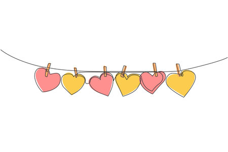 One continuous line drawing of cute heart shape paper hanged on the rope with clothesline. Romantic marriage greeting card concept. Trendy single line draw design graphic vector illustrationのイラスト素材