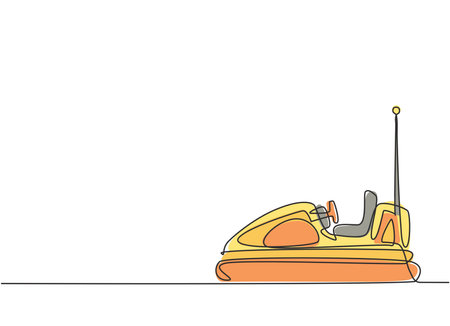 Single continuous line drawing electric dodgem car in amusement park arena with one antenna. Bumper car for kids in funfair festival. One line draw graphic design vector illustrationのイラスト素材